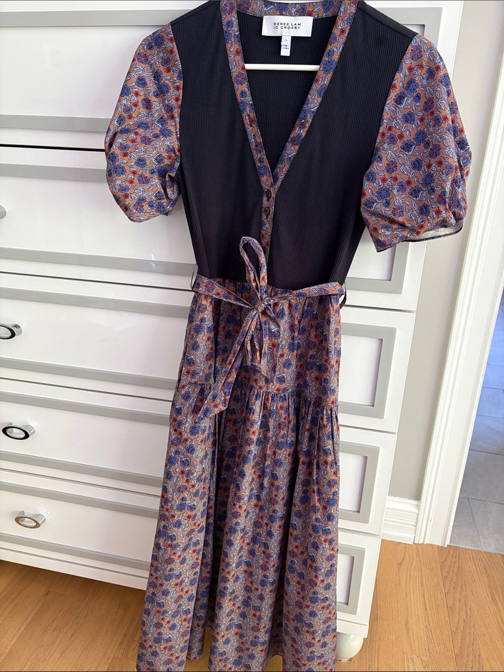10 Crosby Derek Lam Black Bodice Blue and Rust Floral Midi Dress